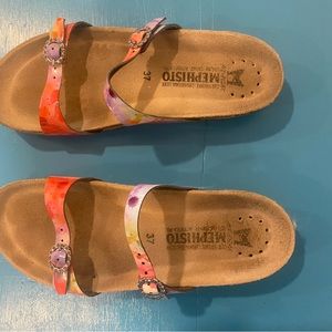 Mephisto sandals with tie dye look and rhinestone buckle.